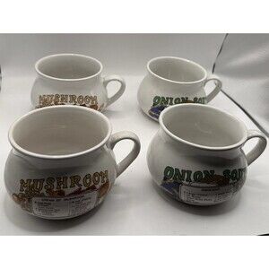 Vintage Lot Of 4 Soup Recipe Mugs Onion Soup & Mushroom Soup Cup Bowl Ceramic